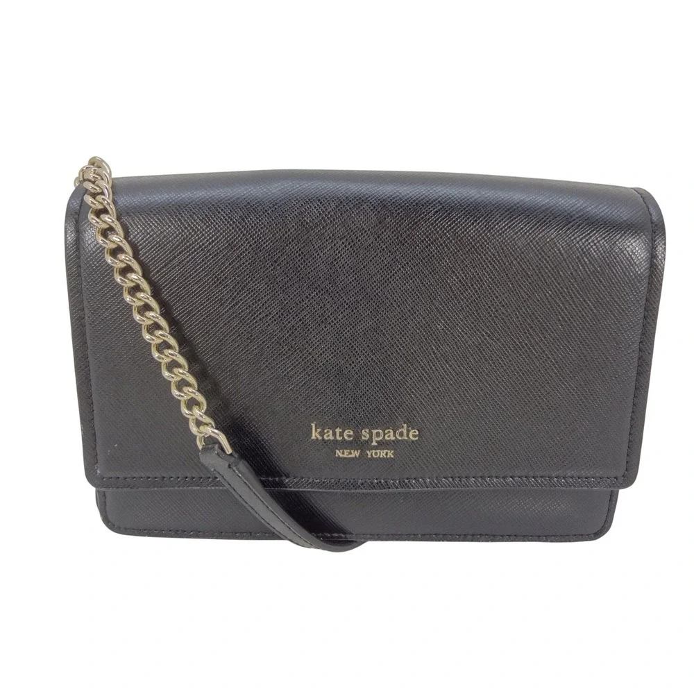 Kate Spade New York Black Saffiano Leather Crossbody Wallet on Chain Bag Gold